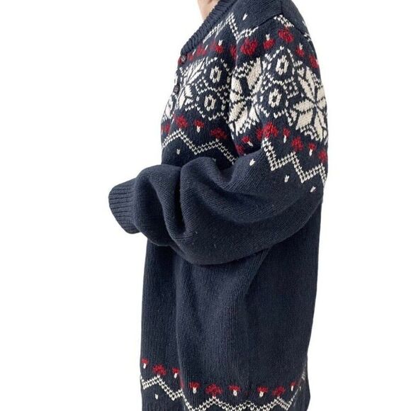 LL Bean Mens Navy Blue Red Lambswool Fair Isle Snowflake Cowl Neck Sweater XXL - Picture 5 of 7